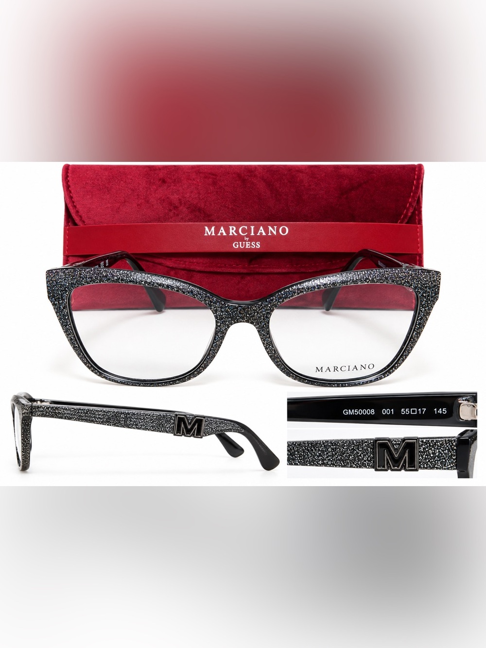 Marciano Black Glitter Cat-Eye Glasses with Accent 'M' Temples